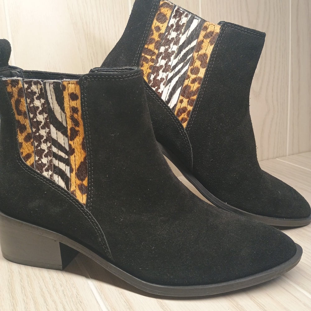 Crown Vintage Tolana Ankle‎ Boots Womens 6.5 Black Suede Cow Hair Cheetah Zebra
